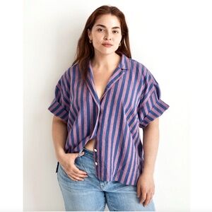 MADEWELL 100% Linen Button-Up Camp Shirt in Detmer Stripe Dusty Twilight - L